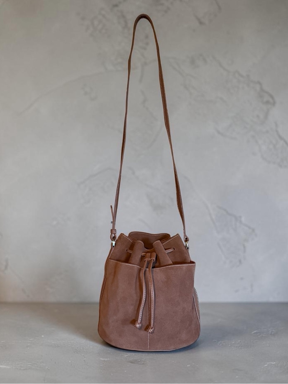 J. McLaughlin Brown Suede Drawstring Bucket Shoulder Bag NWOT